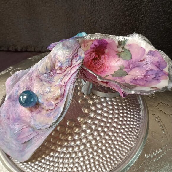 Oyster Footed Trinket Box, Purple Tie-Dye Shell & Roses Decoupage, Jewelry Box